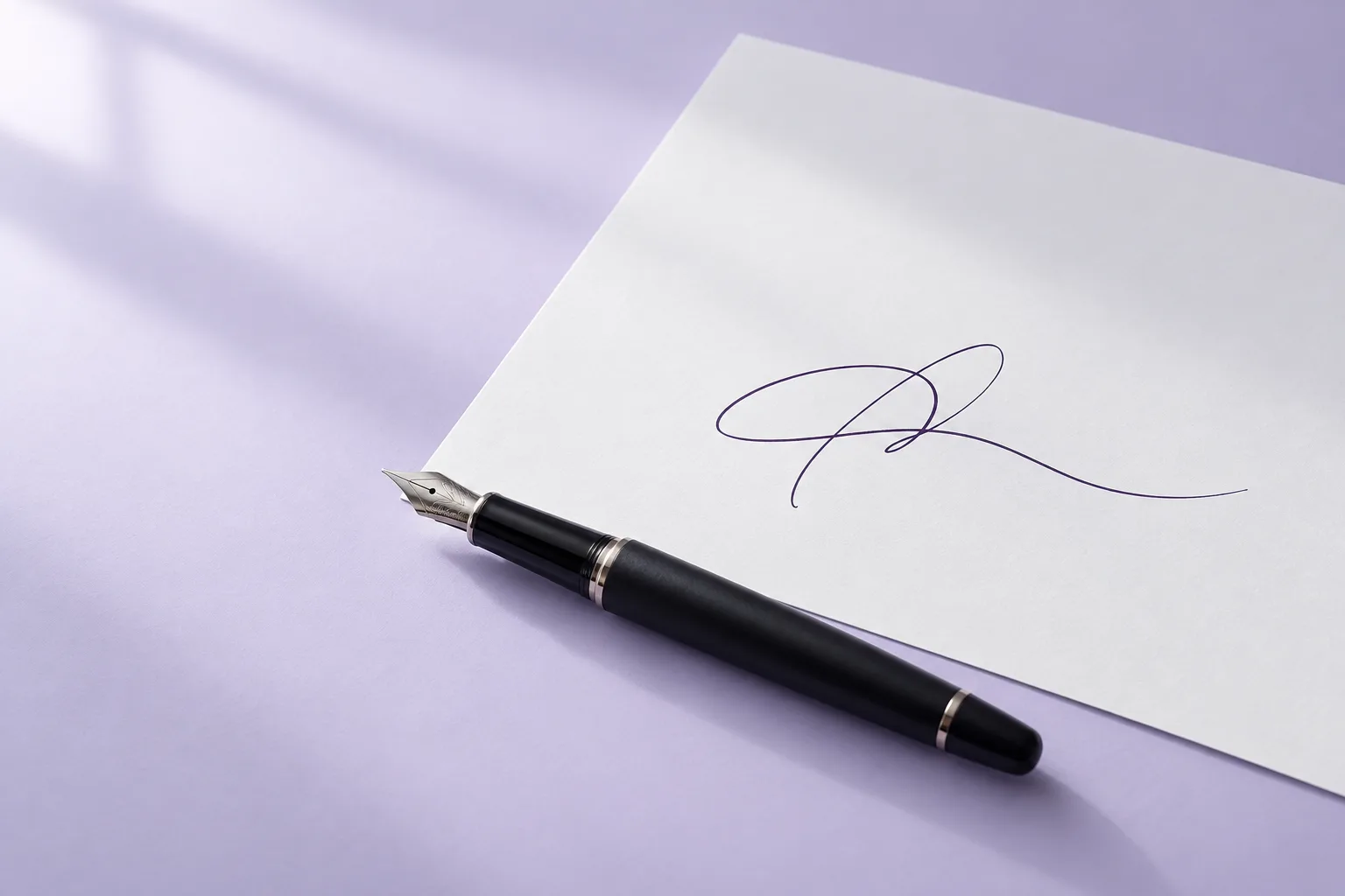 A black fountain pen beside a handwritten flourish on white paper